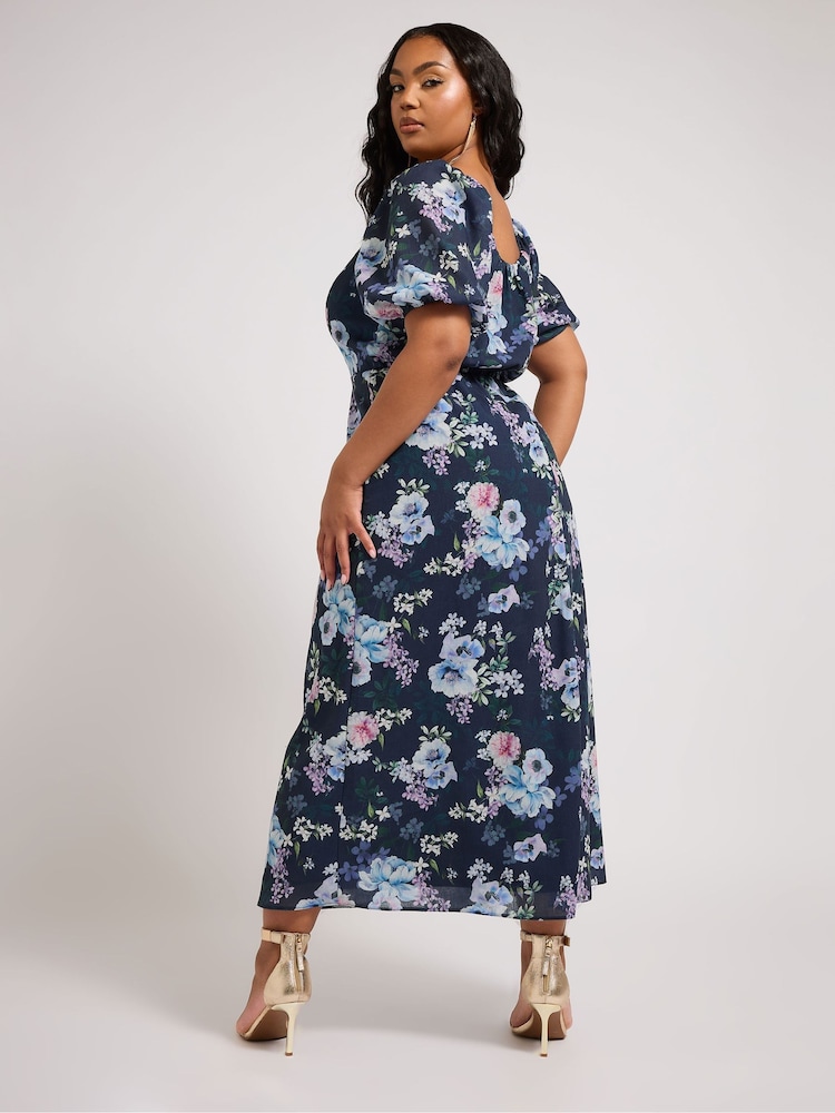 Yours Curve Blue London Floral Square Neck Look Dress - Image 3 of 9