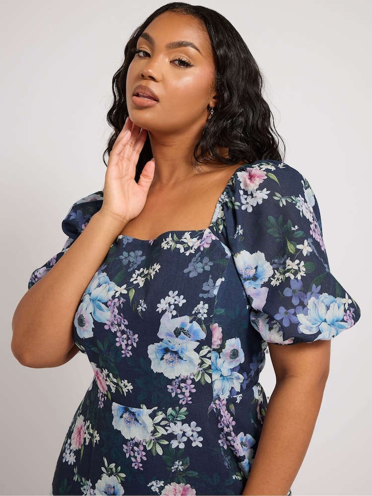 Yours Curve Blue London Floral Square Neck Look Dress - Image 4 of 9