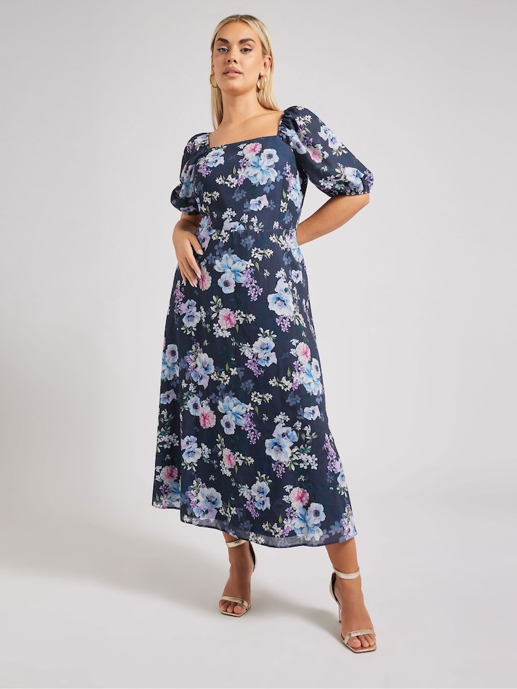 Yours Curve Blue London Floral Square Neck Look Dress - Image 5 of 9