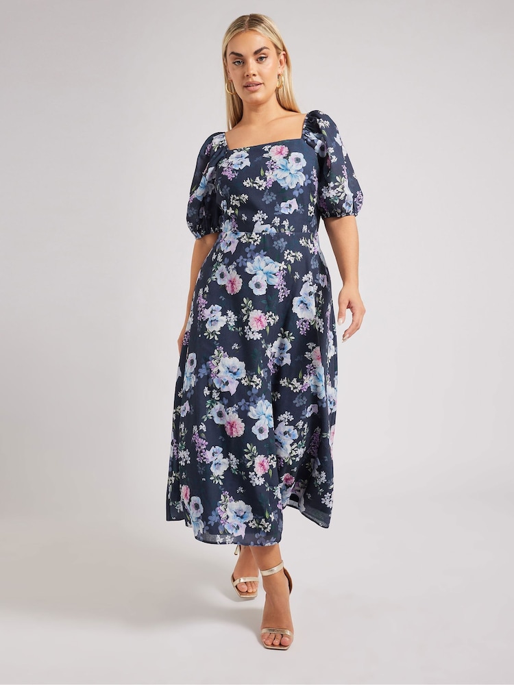 Yours Curve Blue London Floral Square Neck Look Dress - Image 6 of 9