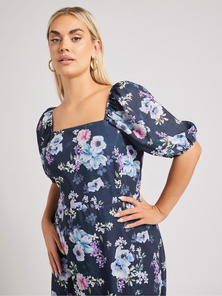 Yours Curve Blue London Floral Square Neck Look Dress - Image 8 of 9