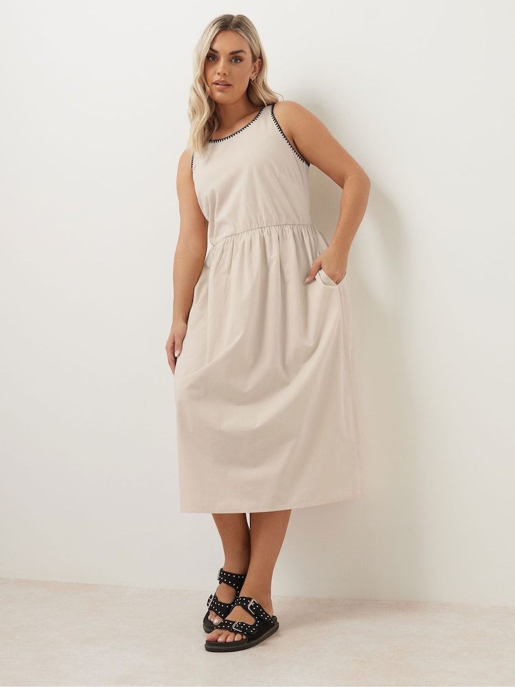 Yours Curve Natural 100% Cotton Poplin Blanket Stitch Dress - Image 1 of 4