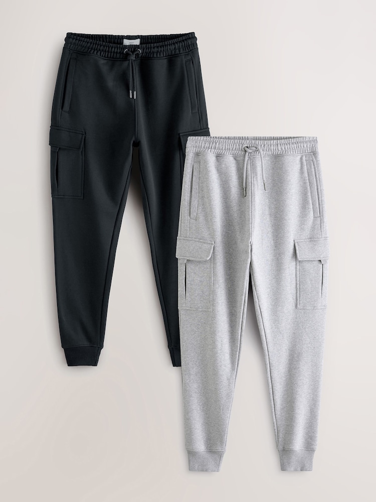 Black/Grey Marl Jersey Cuffed Cargo Joggers 2 Pack - Image 1 of 20