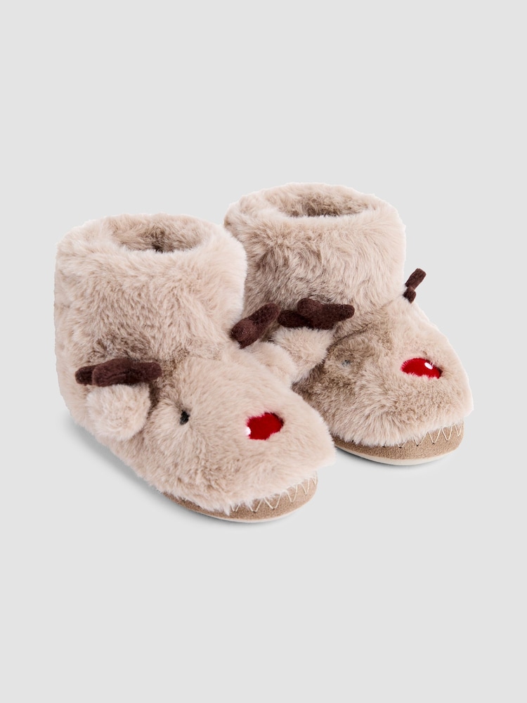 JoJo Maman Bébé Brown Reindeer Reindeer Slipper Boots - Image 1 of 4 JoJo Maman Bébé Brown Reindeer Reindeer Slipper Boots - Image 1 of 4
