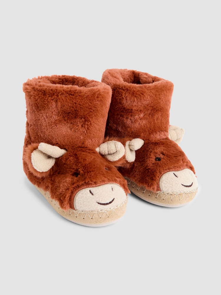 JoJo Maman Bébé Rust Highland Cow Plush Slipper Boots - Image 1 of 4