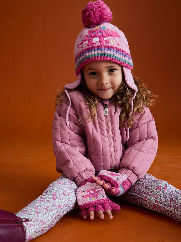 JoJo Maman Bébé Pink Dino Fleece Lined Mittens - Image 1 of 6