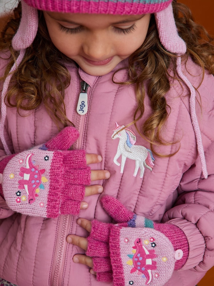 JoJo Maman Bébé Pink Dino Fleece Lined Mittens - Image 2 of 6 JoJo Maman Bébé Pink Dino Fleece Lined Mittens - Image 2 of 6
