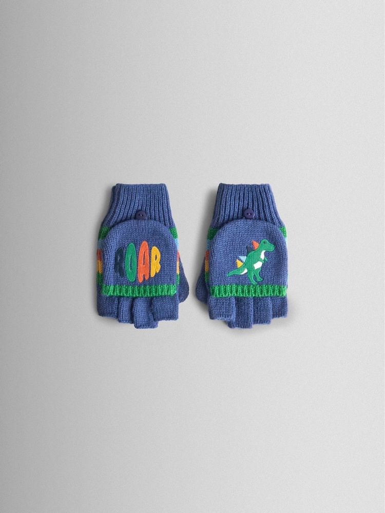 JoJo Maman Bébé Blue Dino Fleece Lined Mittens - Image 1 of 5