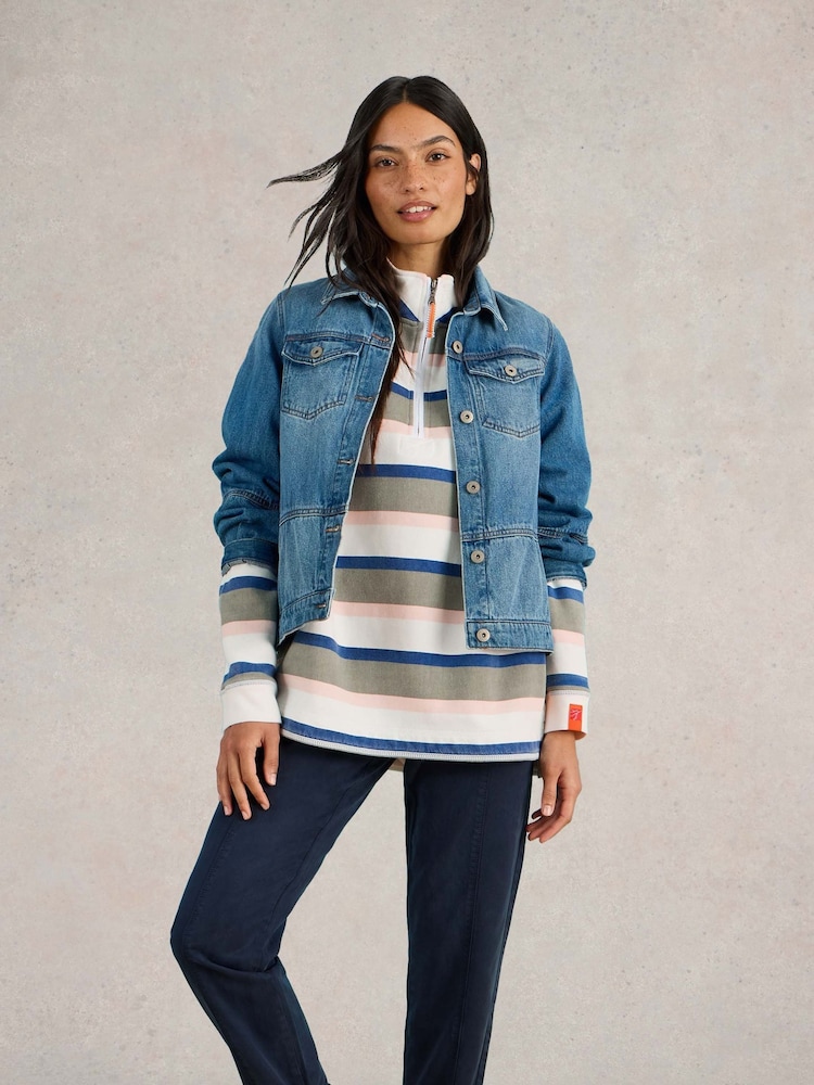 White Stuff Green 100% Cotton Stripe Half Zip Sweater - Image 1 of 7