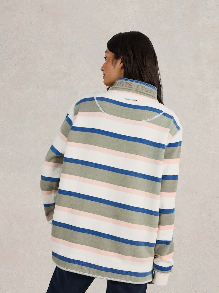 White Stuff Green 100% Cotton Stripe Half Zip Sweater - Image 2 of 7