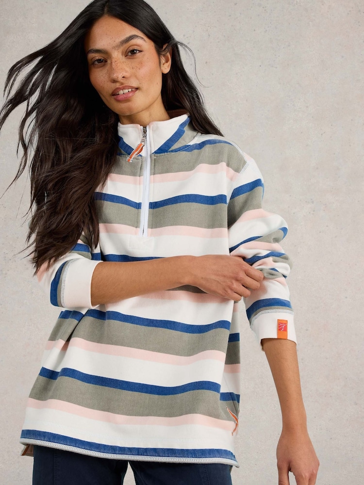 White Stuff Green 100% Cotton Stripe Half Zip Sweater - Image 4 of 7