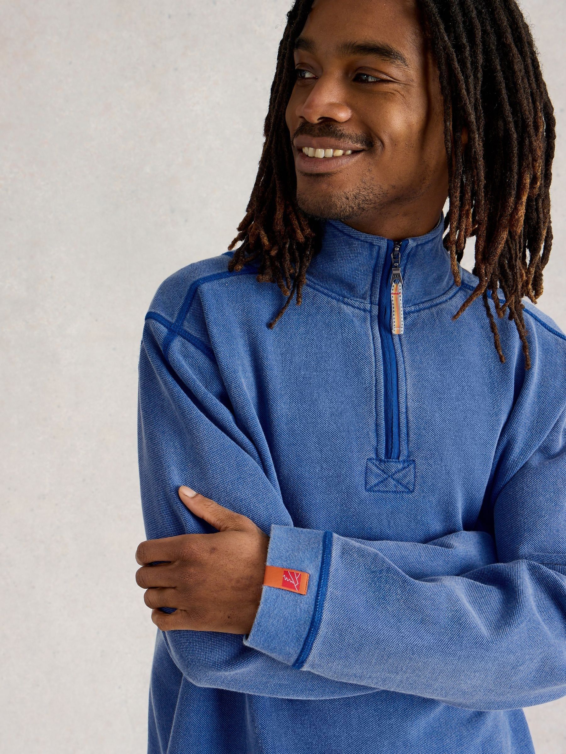 White Stuff Blue 100% Cotton Pique Half Zip Sweatshirt - Image 4 of 7