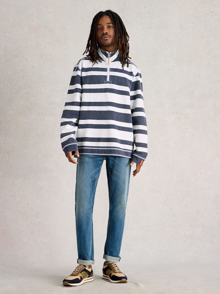 White Stuff Blue Stripe Pique Half Zip Sweatshirt - Image 1 of 7 White Stuff Blue Stripe Pique Half Zip Sweatshirt - Image 1 of 7