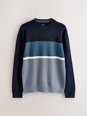 Navy Blue Regular Fit Colourblock Stripe Crew Neck Jumper - Image 1 of 3