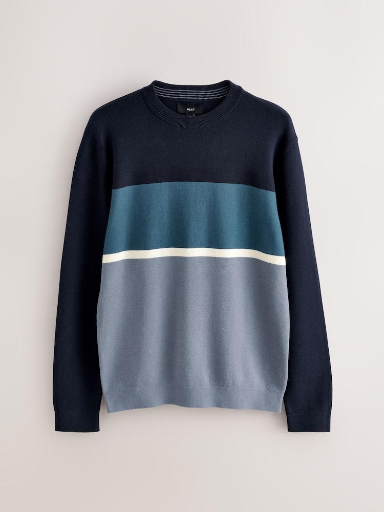 Navy Blue Regular Fit Colourblock Stripe Crew Neck Jumper - Image 1 of 3