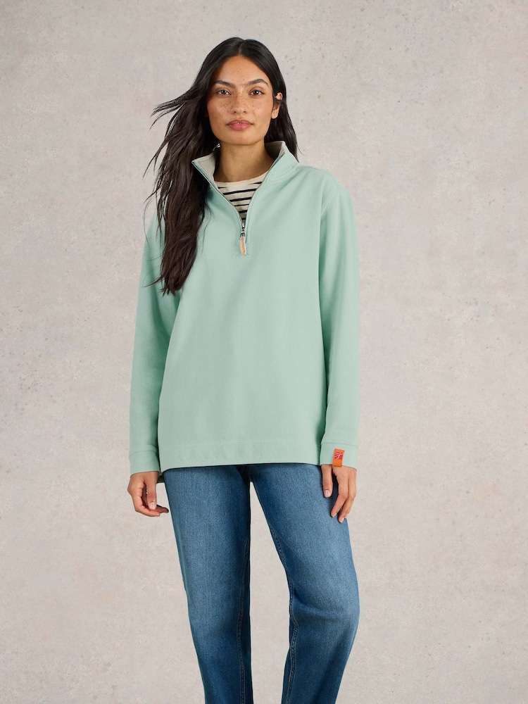 White Stuff Blue 100% Cotton Pique Plain Half Zip Sweater - Image 1 of 7