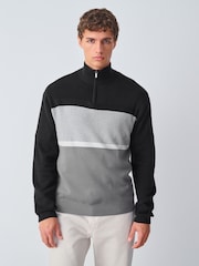 Black/Grey Regular Fit Colour Block Stripe Quarter Zip Neck Jumper - Image 1 of 7