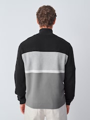 Black/Grey Regular Fit Colour Block Stripe Quarter Zip Neck Jumper - Image 3 of 7