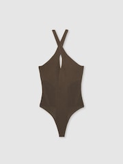 Reiss Mink Nala Perforated-Knit Cross-Strap Bodysuit - Image 2 of 5