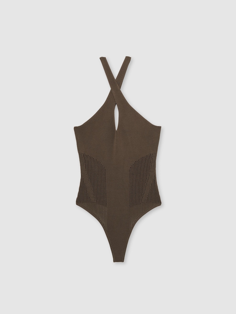 Reiss Mink Nala Perforated-Knit Cross-Strap Bodysuit - Image 2 of 5