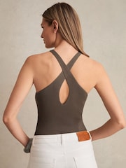 Reiss Mink Nala Perforated-Knit Cross-Strap Bodysuit - Image 4 of 5