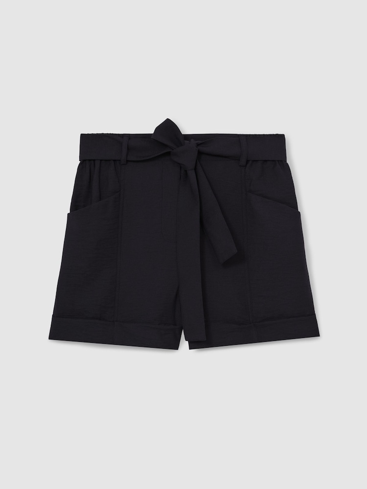 Reiss Navy Avril Belted Button Tab Shorts - Image 2 of 5