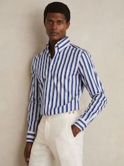Reiss White/Blue Xeno Cotton Stripe Button-Down Shirt Regular-Fit - Image 1 of 6