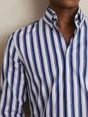 Reiss White/Blue Xeno Cotton Stripe Button-Down Shirt Regular-Fit - Image 4 of 6