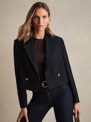 Reiss Navy Mia Double-Breasted Textured Cropped Blazer with Wool and Cotton - Image 1 of 6