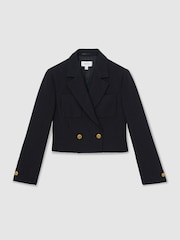 Reiss Navy Mia Double-Breasted Textured Cropped Blazer with Wool and Cotton - Image 2 of 6