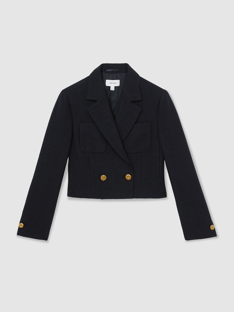 Reiss Navy Mia Double-Breasted Textured Cropped Blazer with Wool and Cotton - Image 2 of 6