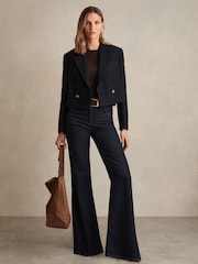 Reiss Navy Mia Double-Breasted Textured Cropped Blazer with Wool and Cotton - Image 3 of 6