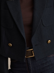 Reiss Navy Mia Double-Breasted Textured Cropped Blazer with Wool and Cotton - Image 4 of 6