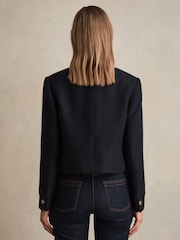 Reiss Navy Mia Double-Breasted Textured Cropped Blazer with Wool and Cotton - Image 5 of 6
