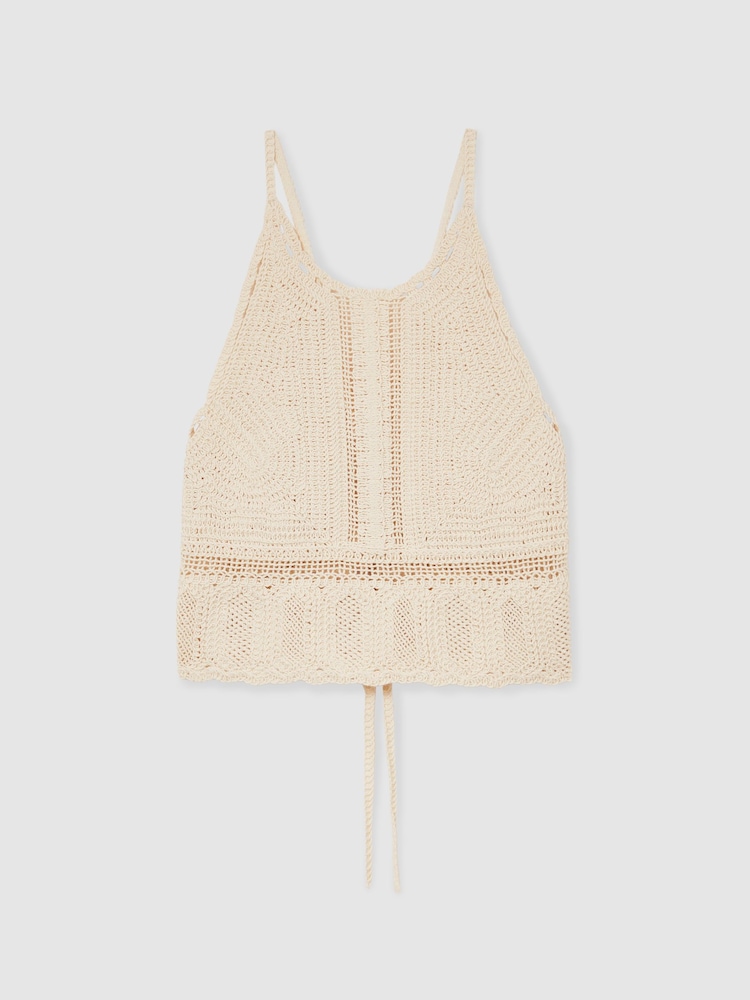 Reiss Cream May Cotton Crochet Tie-Back Cropped Top - Image 2 of 6