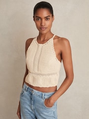 Reiss Cream May Cotton Crochet Tie-Back Cropped Top - Image 3 of 6