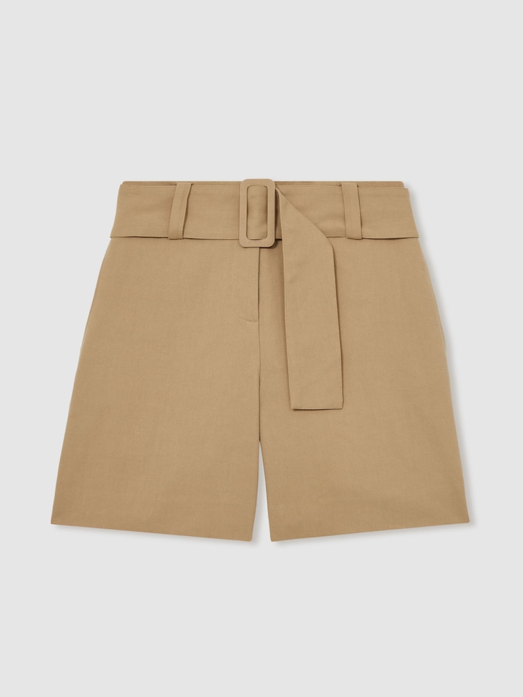 Reiss Camel Harper Cotton-Blend Belted Shorts With Linen - Image 2 of 6