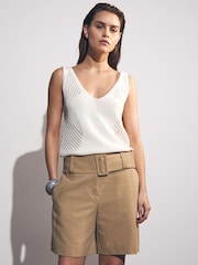 Reiss Camel Harper Cotton-Blend Belted Shorts With Linen - Image 3 of 6
