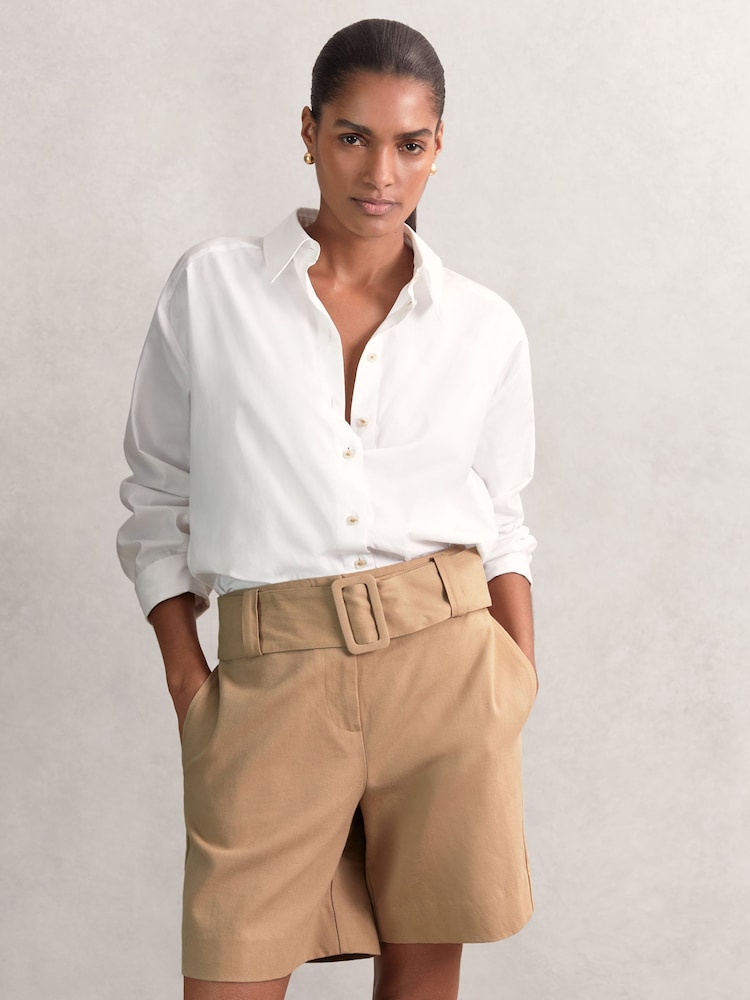 Buy Reiss Camel Harper Cotton-Blend Belted Shorts With Linen from