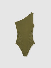 Reiss Green Rosa Lace-Knit Detail One-Shoulder Bodysuit - Image 2 of 6