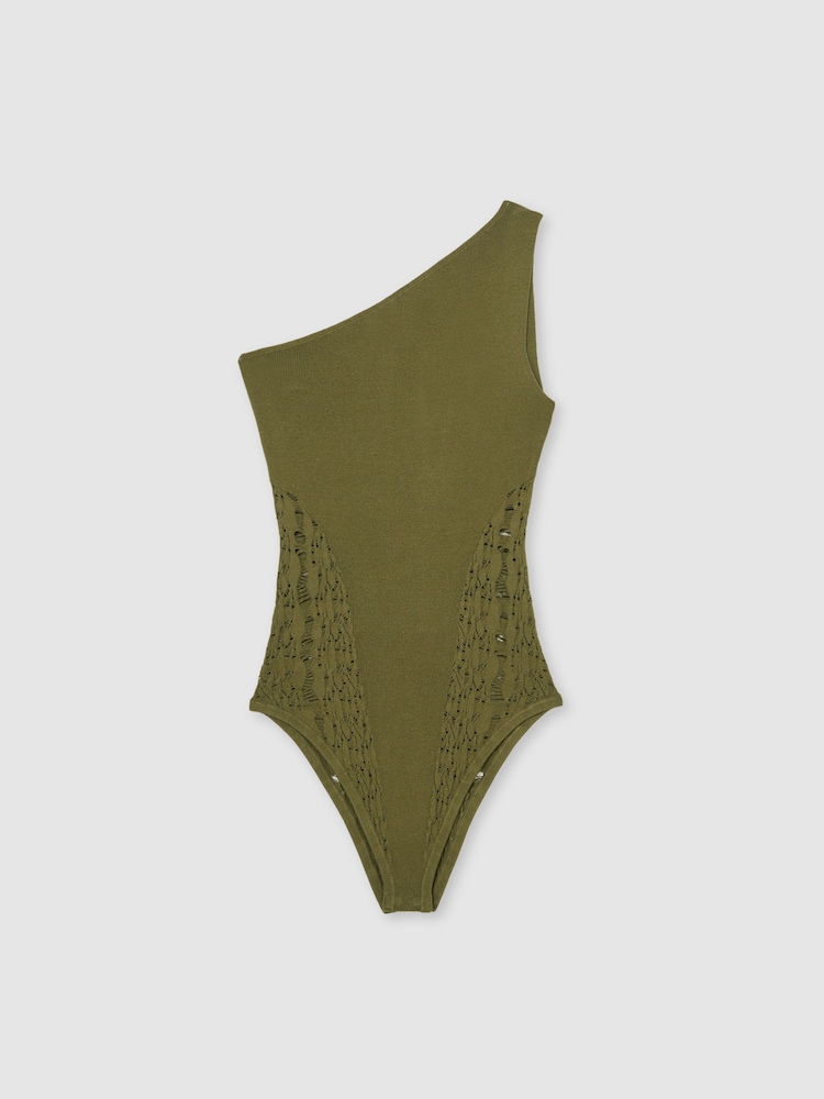 Reiss Green Rosa Lace-Knit Detail One-Shoulder Bodysuit - Image 2 of 6