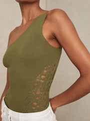 Reiss Green Rosa Lace-Knit Detail One-Shoulder Bodysuit - Image 3 of 6