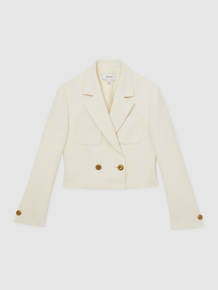 Weiß - Reiss Mia Double-Breasted Textured Cropped Blazer with Wool and Cotton - Bild 2 von 6