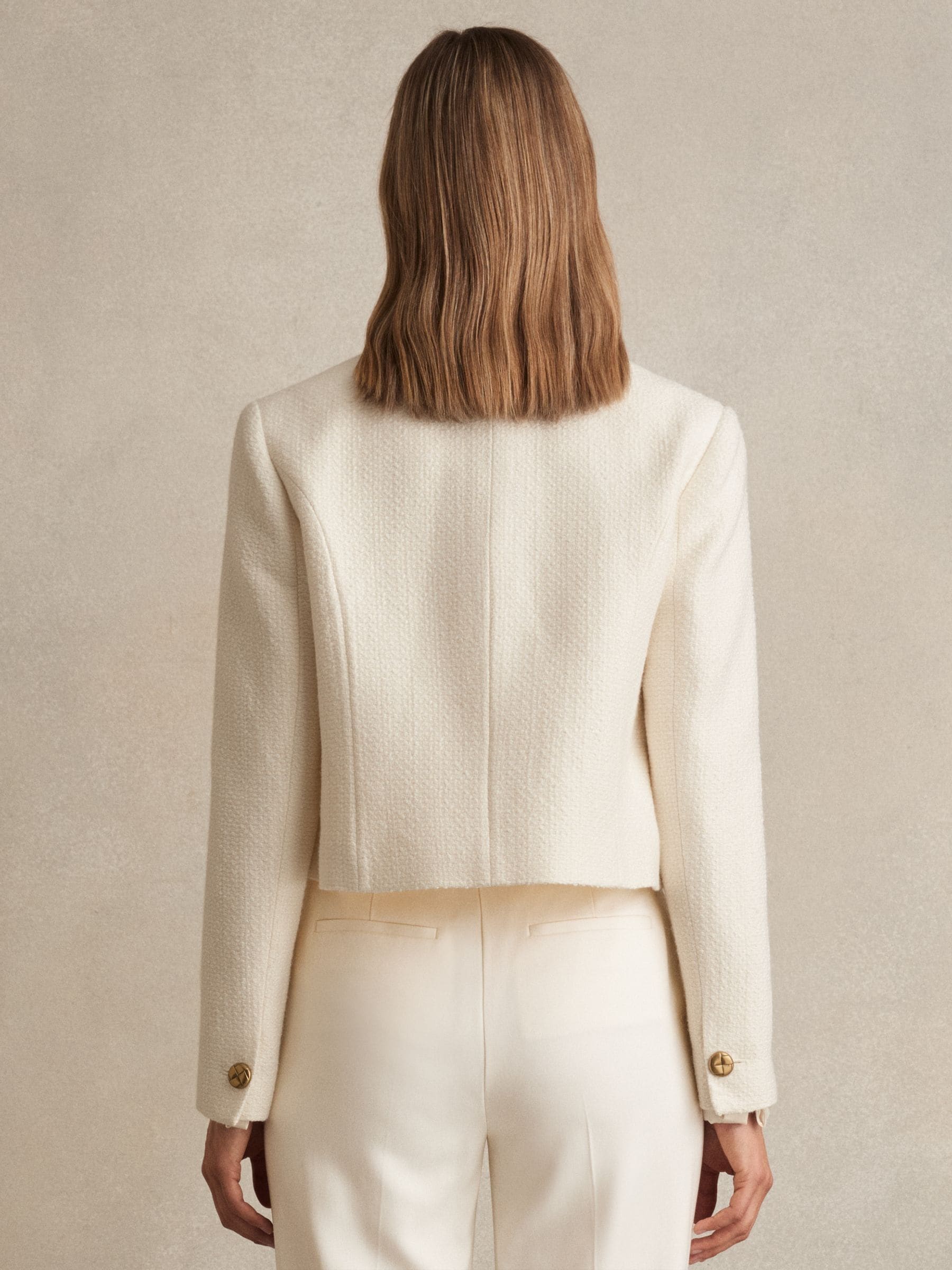 Buy Reiss White Mia Double-Breasted Textured Cropped Blazer