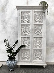 Kirei Home White Hand Carved Mango Wood Cabinet - Image 1 of 7
