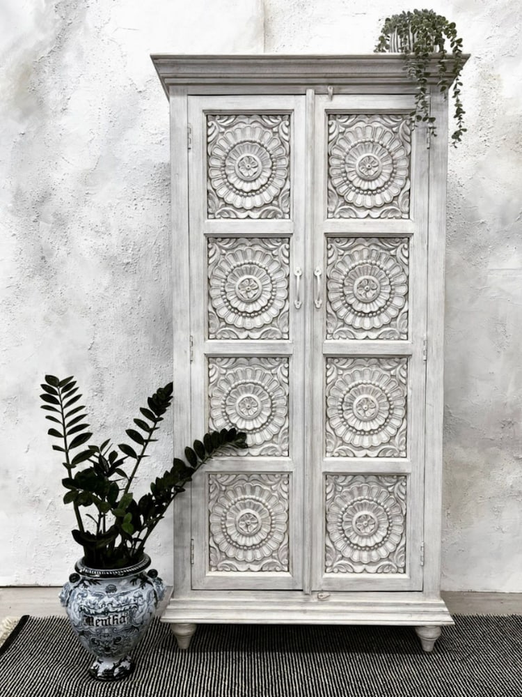 Kirei Home White Hand Carved Mango Wood Cabinet - Image 1 of 7