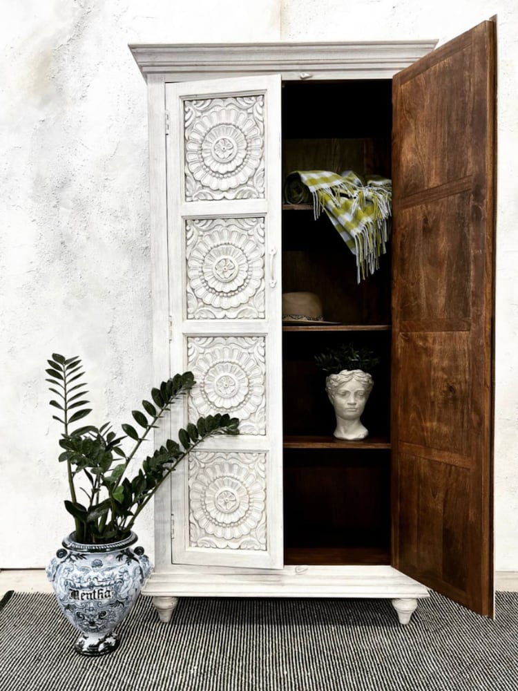 Kirei Home White Hand Carved Mango Wood Cabinet - Image 2 of 7
