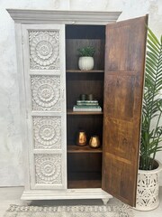 Kirei Home White Hand Carved Mango Wood Cabinet - Image 6 of 7