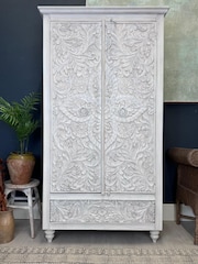 Kirei Home White Hand Carved Mango Wood Wardrobe - Image 1 of 6