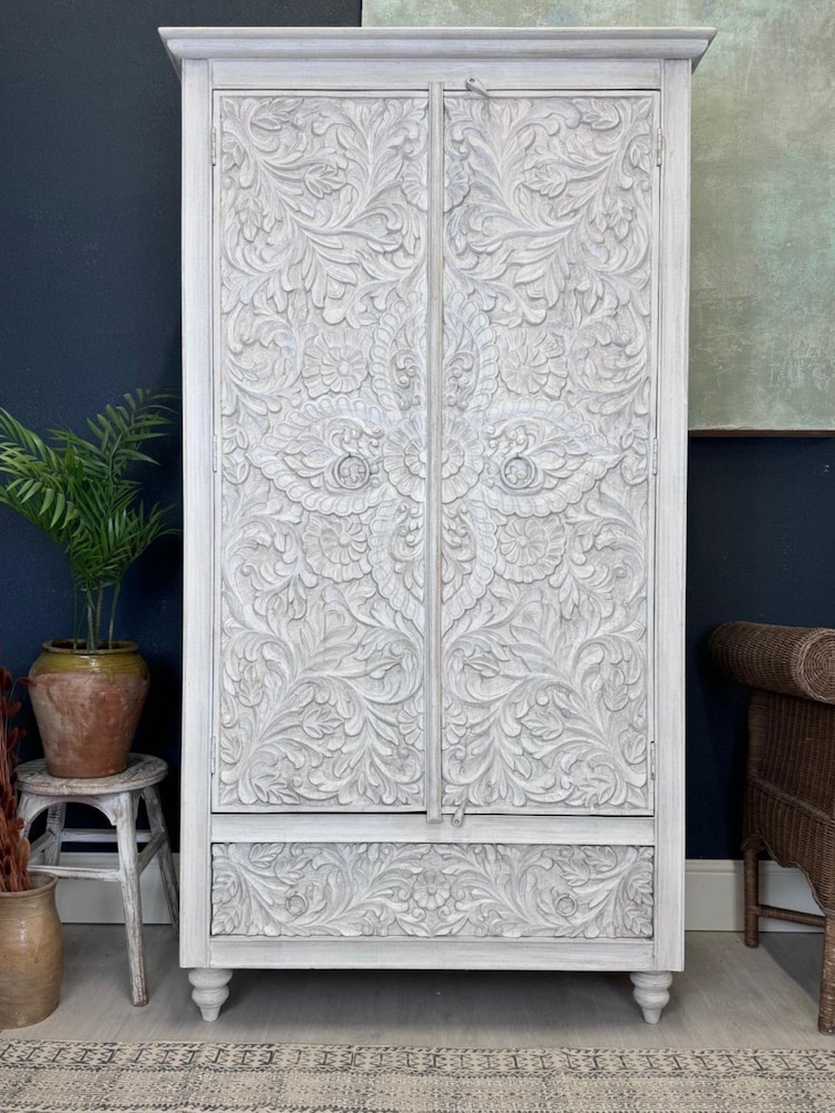 Kirei Home White Hand Carved Mango Wood Wardrobe - Image 1 of 6